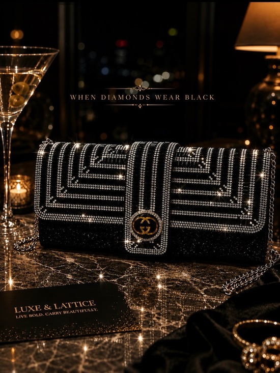 Luxe & Lattice Handbags - When Diamonds Wear Black Art Deco Inspired Bag Clutch-Chain Crystal GG